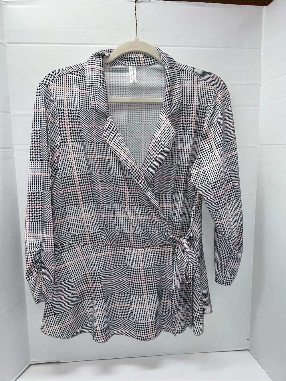 PerSeption Concept Black, White & Pink Plaid Wrap Blouse